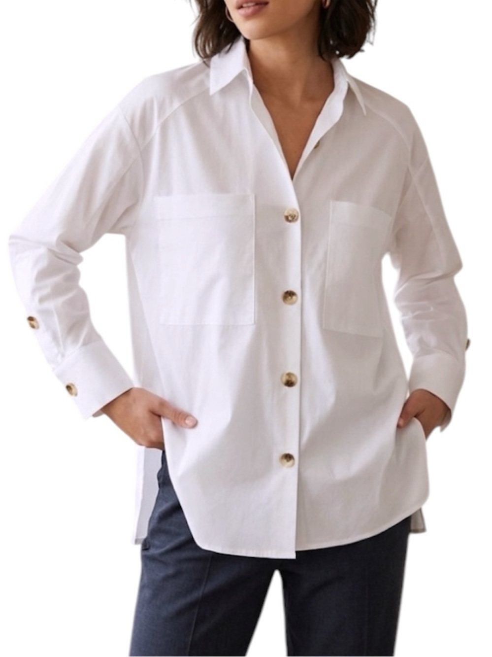 Magaschoni White Gold Button Up Lightweight Oversize Casual Shirt Size XS
